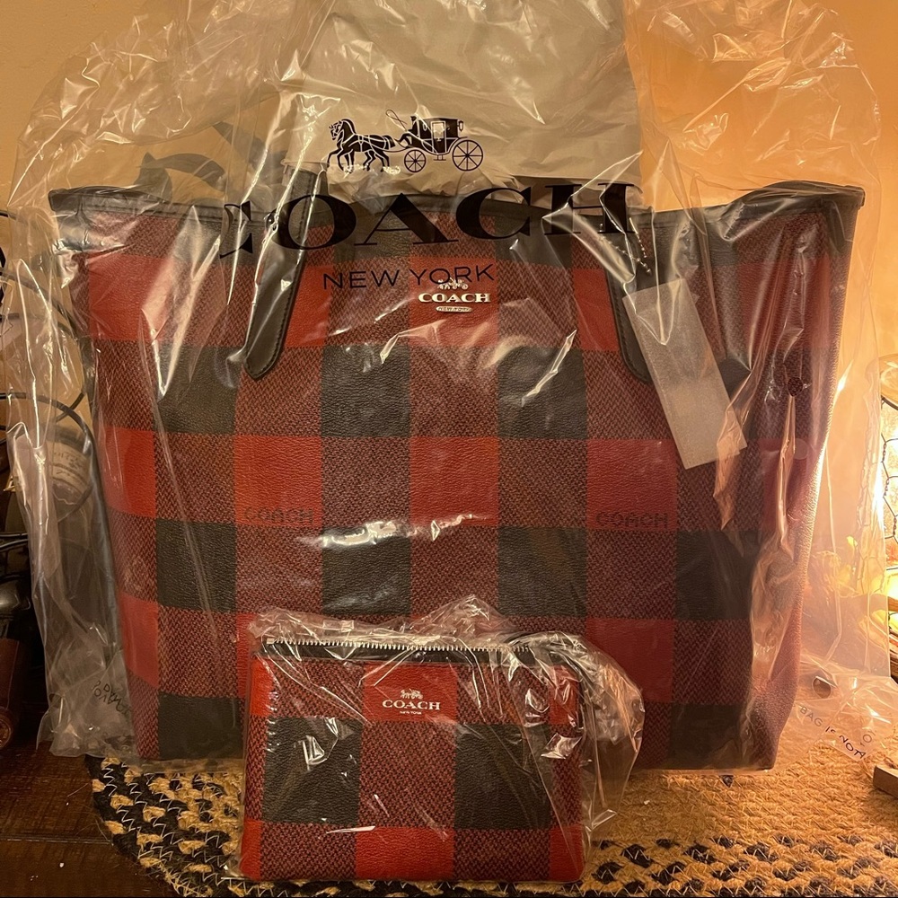 Buffalo plaid coach tote and wristlet